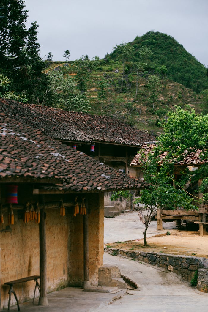 A village in the mountains with wooden houses